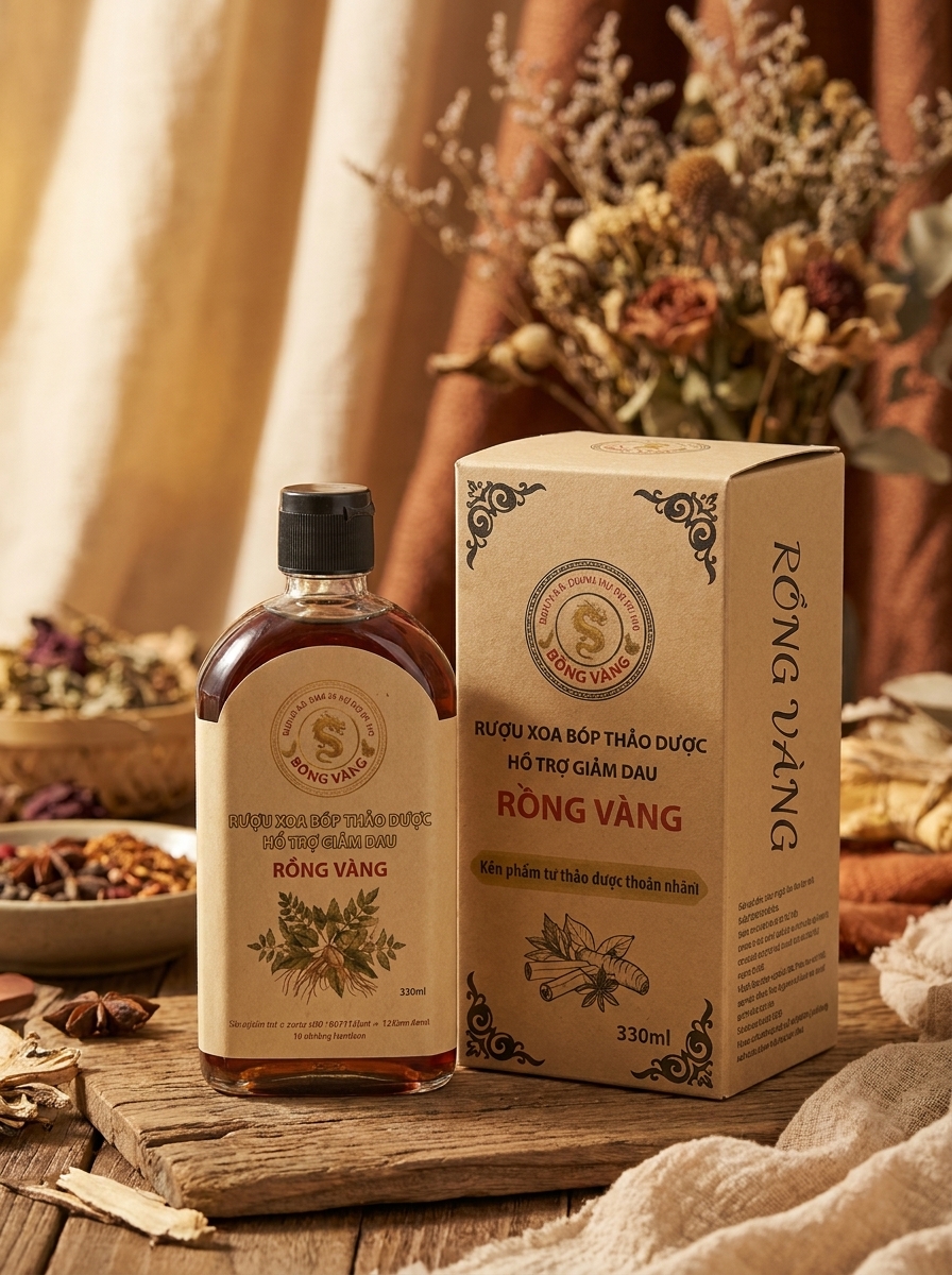 RƯỢU XOA BÓP THẢO DƯỢC HỖ TRỢ GIẢM ĐAU RỒNG VÀNG